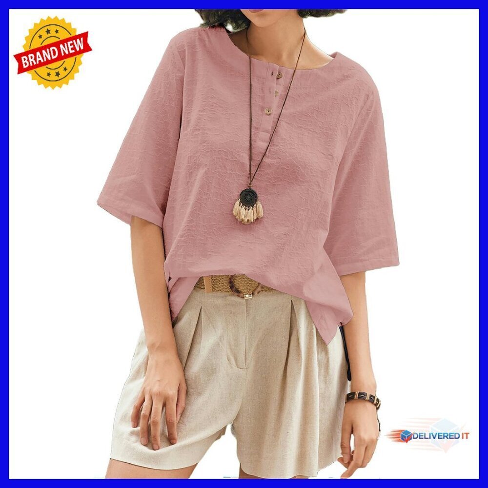 Linen Blend 3/4 Sleeve Boho Blouse, Round Neck, Loose Fit, Casual Elegance